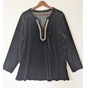 Susan Graver Artisan Womens Black Velvet Beaded Tunic Top Size‎ 2XP Long Sleeves